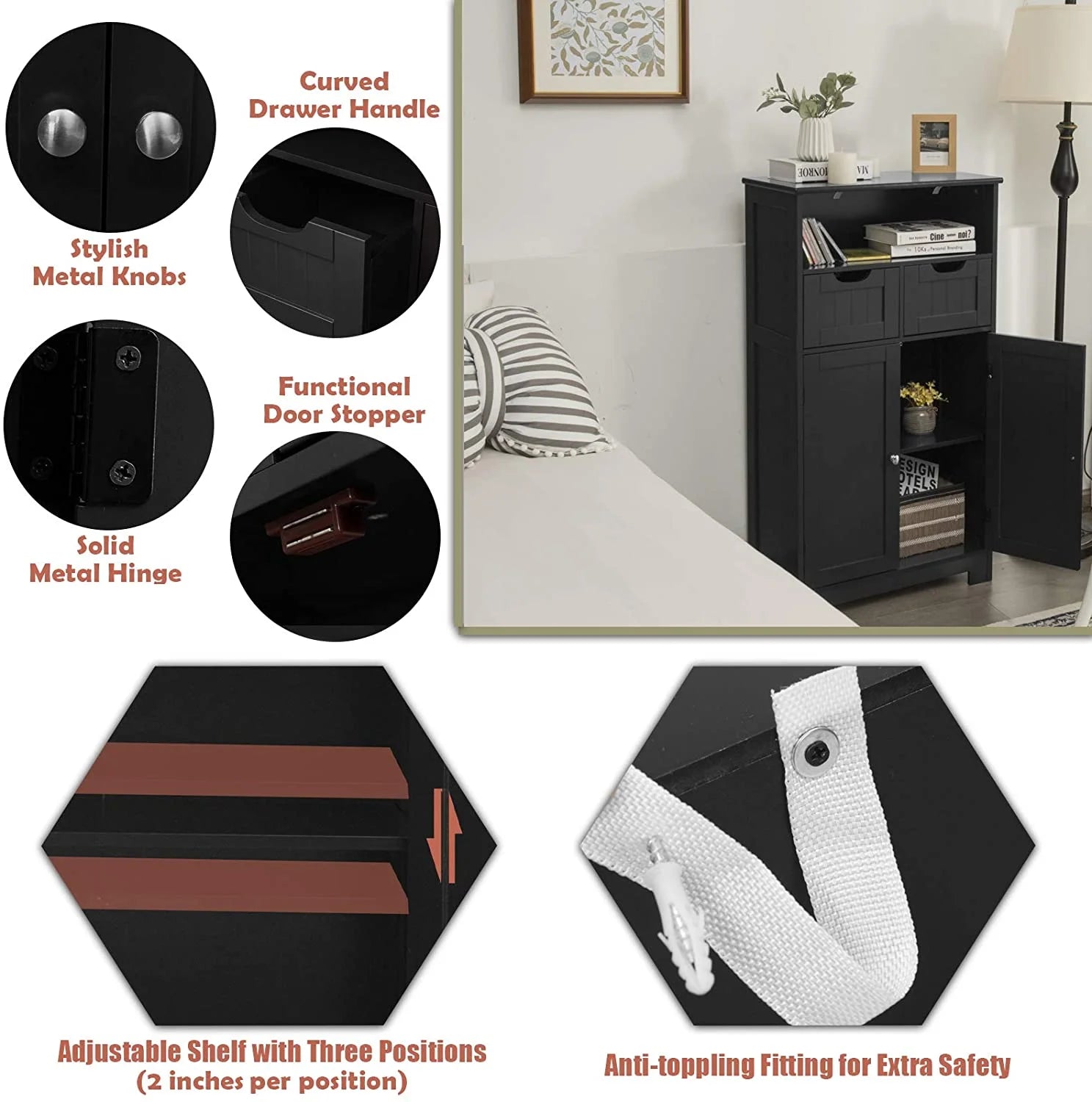 Giantex Multifunctional Floor Cabinet, Freestanding Bathroom Cabinet with Removable Drawers and Adjustable Shelf for Bathroom, Living Room, Bedroom or Entryway, 24 x 12 x 43 inches (Black)