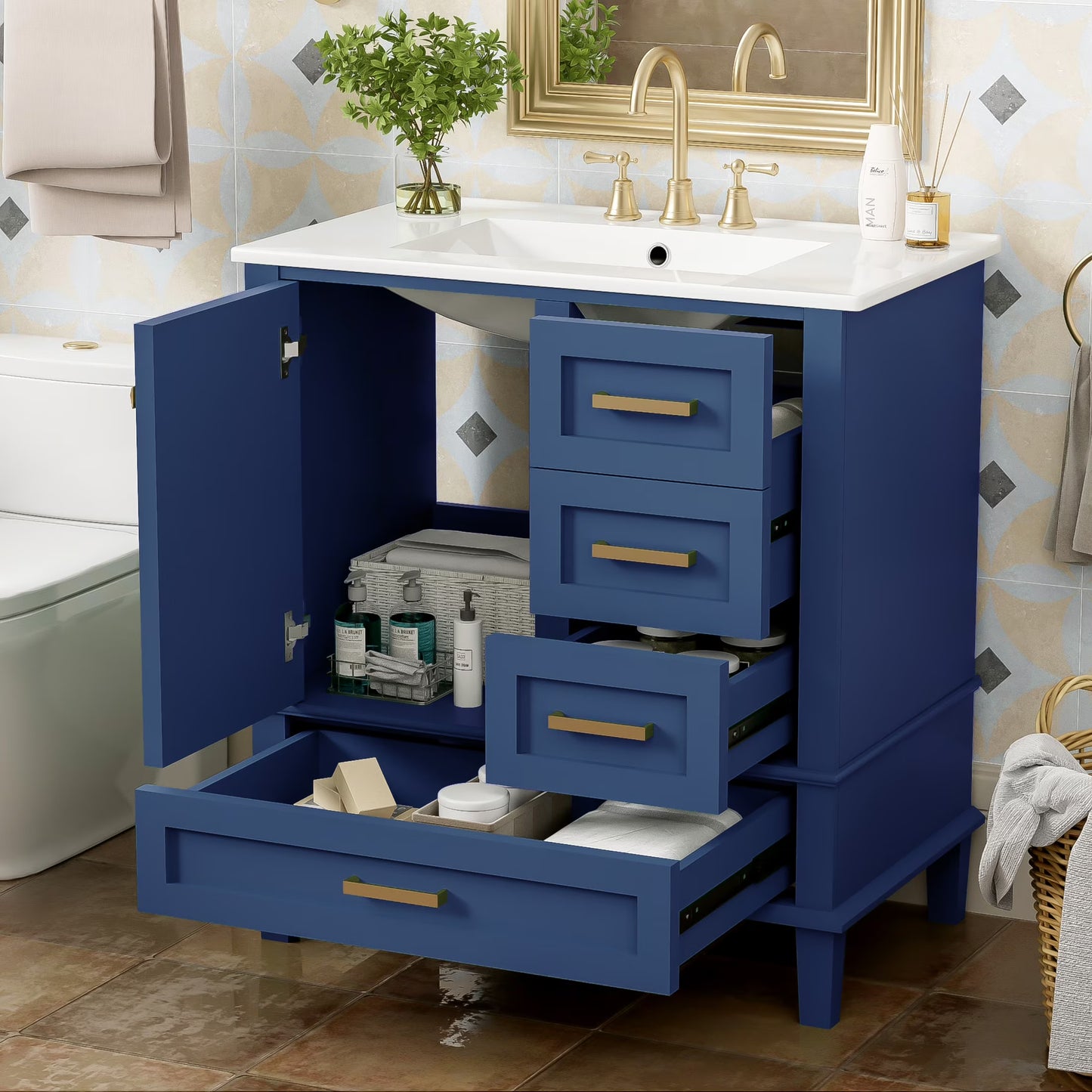 Nyveth Modern Bathroom Vanity with Ceramic Sink, Shelves, Drawers, Wood, Green