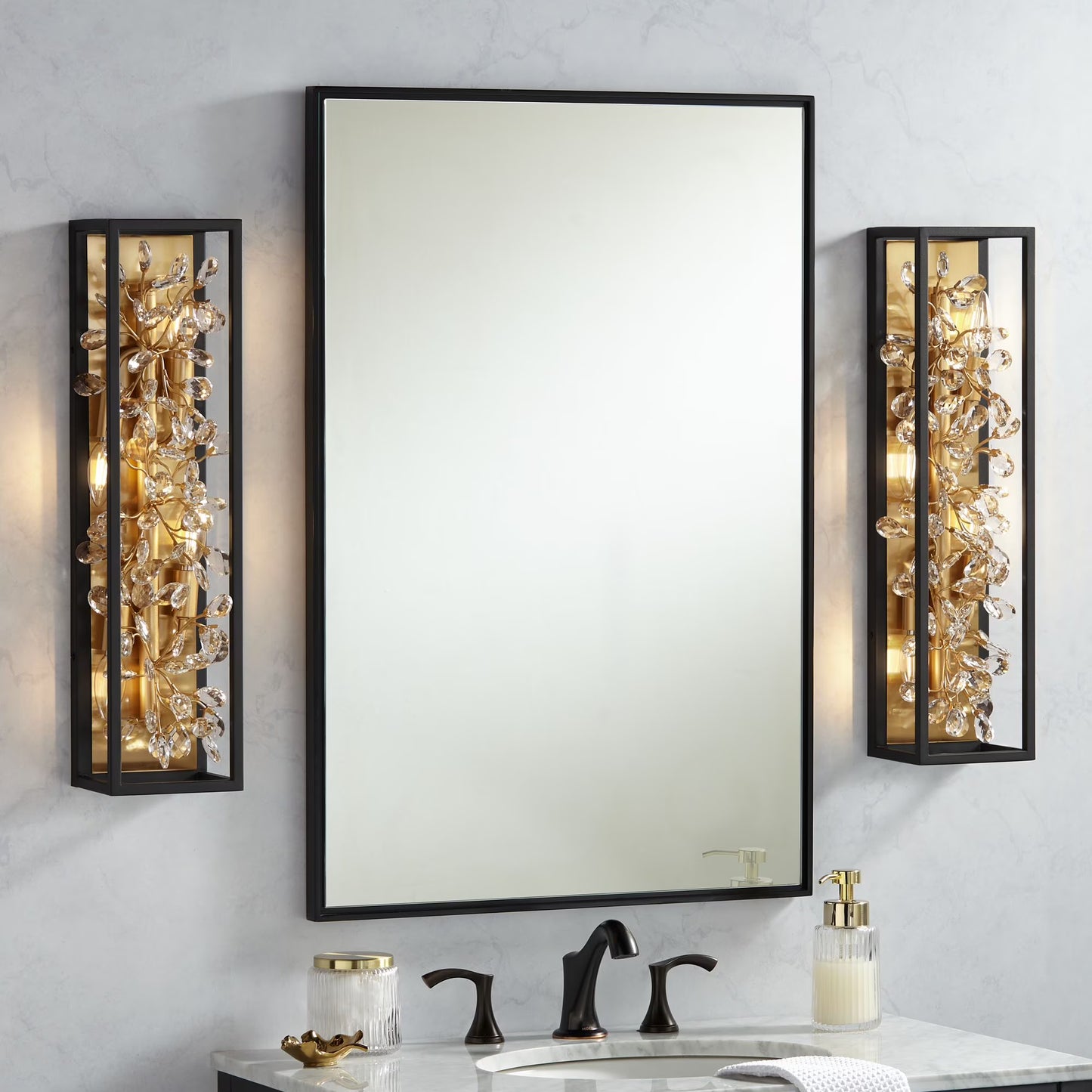 Possini Euro Design Modern Wall Lights Set of 2 Black Gold Plated Hardwired 6" 4-Light Fixture Clear Crystal Flower Vine for Bedroom Bathroom Vanity