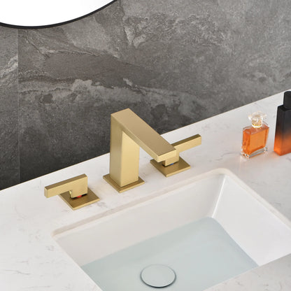 sumerain Brushed Gold 8 Inch Widespread Bathroom Faucet 2 Handle Lavatory Faucet Solid Brass, with Quick Connect Hose