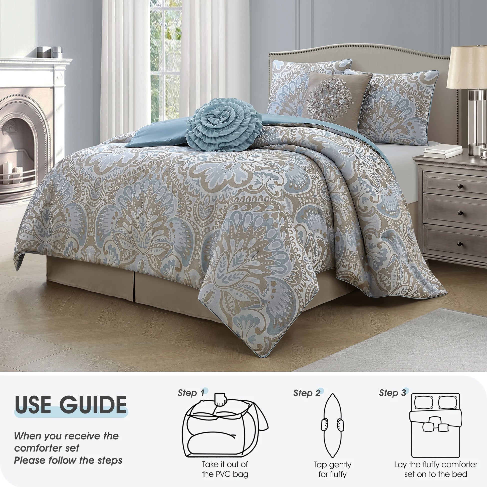 Lanco Luscious Diane 6-Piece Reversible Comforter Bedding Set, California King, Blue Gold, Fill Material Polyester, Floral