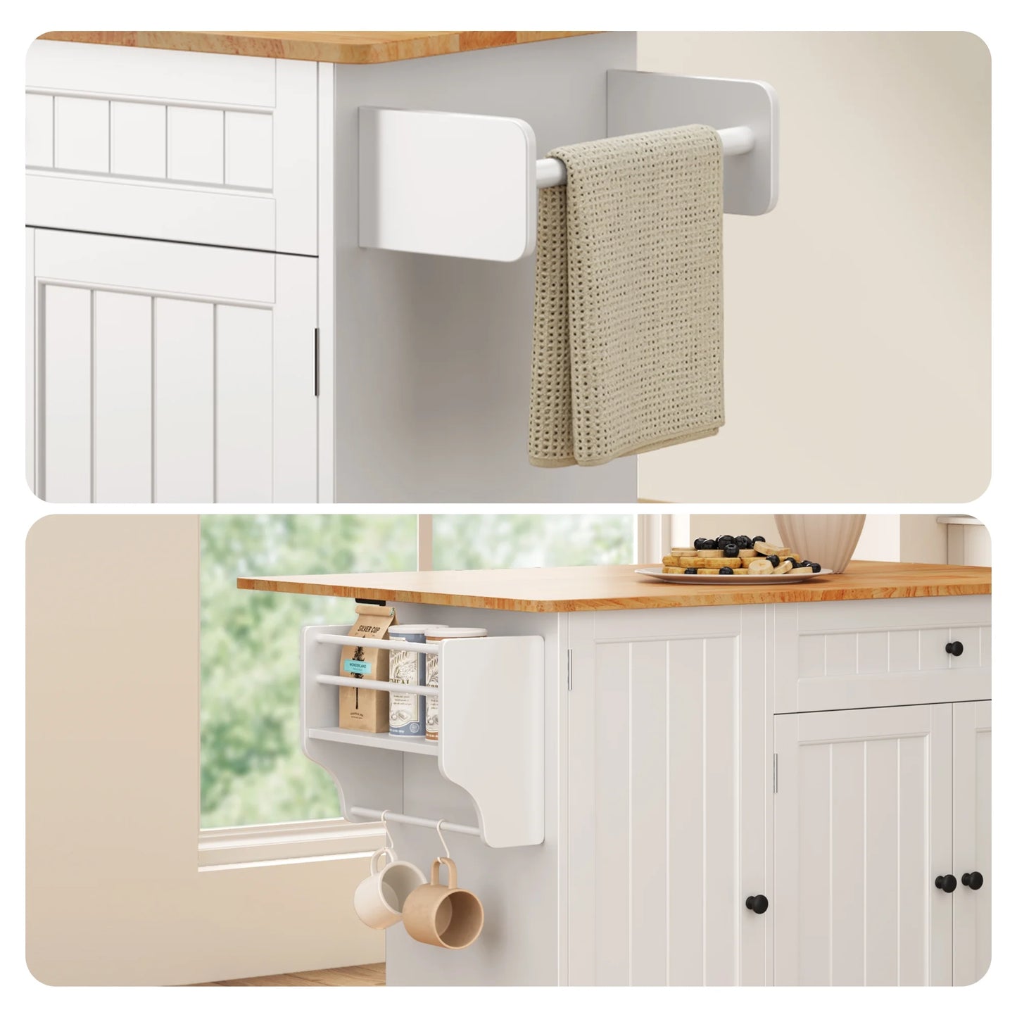 Kitchen Island with Storage - Lofka Rolling Kitchen Cart with Solid Wood Top,Drawers,Spice Rack & Towel Bar - Mobile Workstation for Small Kitchen,Dining Room ,White