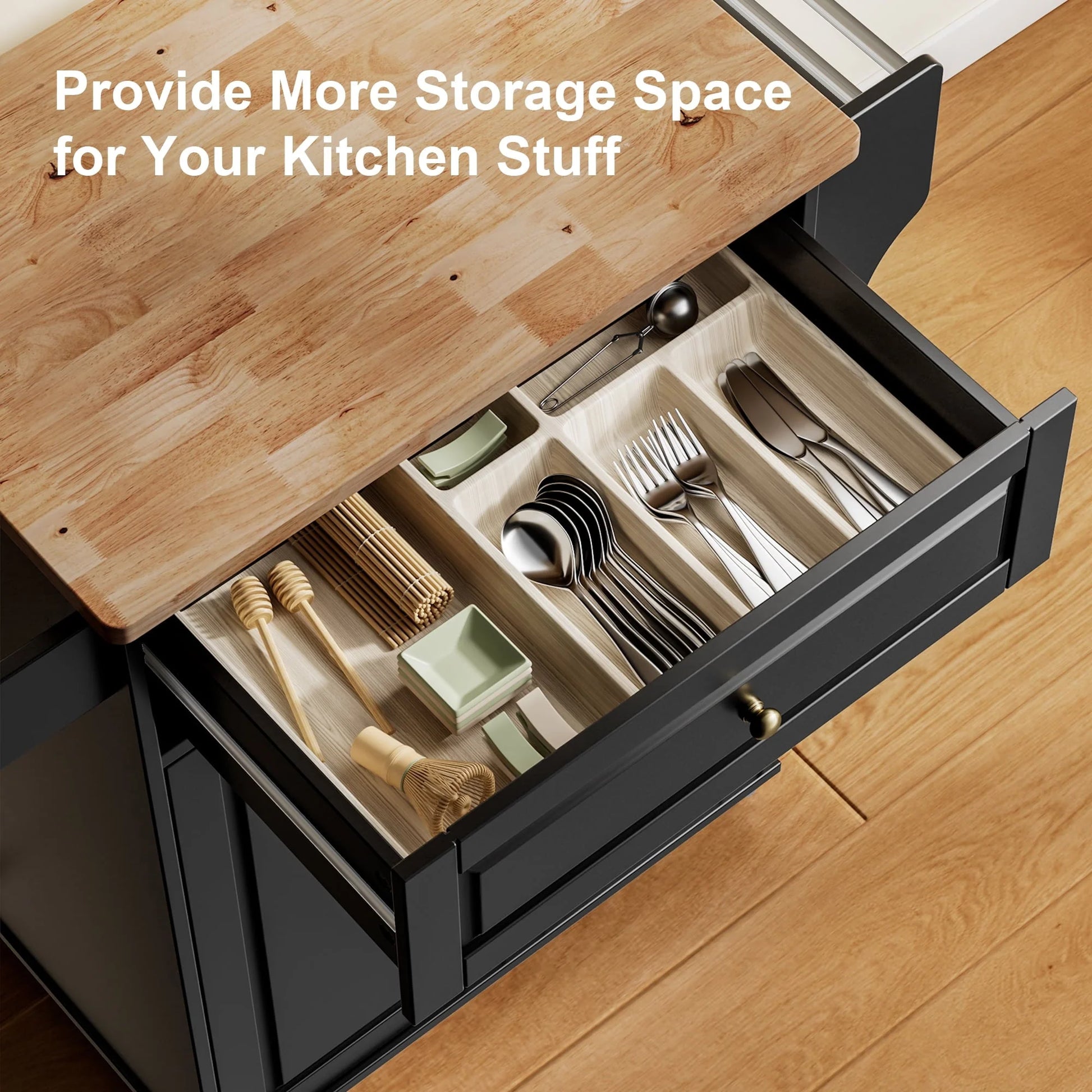Kitchen Island with Storage on Wheels, Microwave cart with Spice Rack, Towel Rack & Drawer, Black