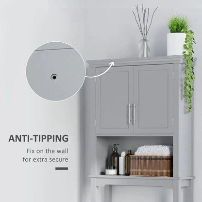 Kepooman Toilet Storage Cabinet, Toilet Organizer Cabinet,Modern Over The Toilet Storage Cabinet, Double Door Bathroom Organizer with Open Shelf, Grey
