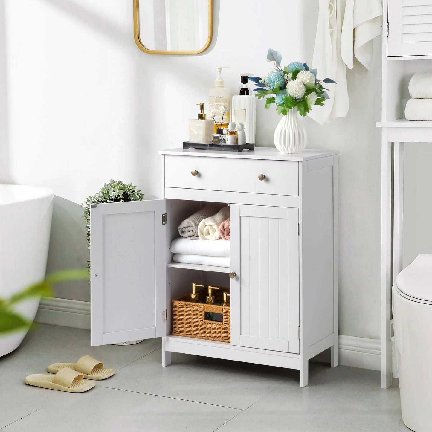 BaytoCare Wooden Free Standing Bathroom Floor Cabinet with Drawer and Double Doors, Bathroom Storage Organizer also Suitable for Kitchen Entryway Bedroom, White Finish