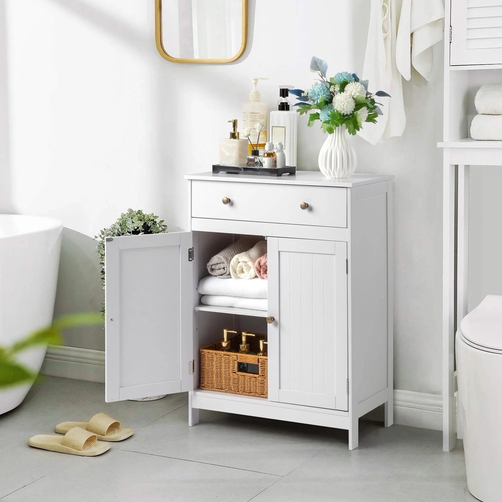 BaytoCare Wooden Free Standing Bathroom Floor Cabinet with Drawer and Double Doors, Bathroom Storage Organizer also Suitable for Kitchen Entryway Bedroom, White Finish