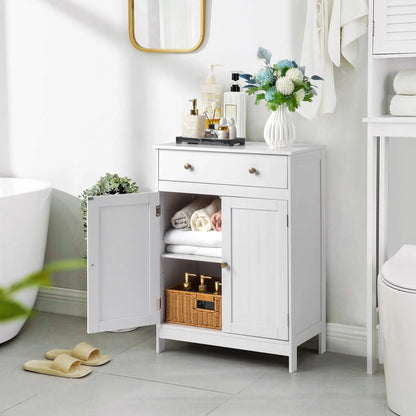 BaytoCare Wooden Free Standing Bathroom Floor Cabinet with Drawer and Double Doors, Bathroom Storage Organizer also Suitable for Kitchen Entryway Bedroom, White Finish