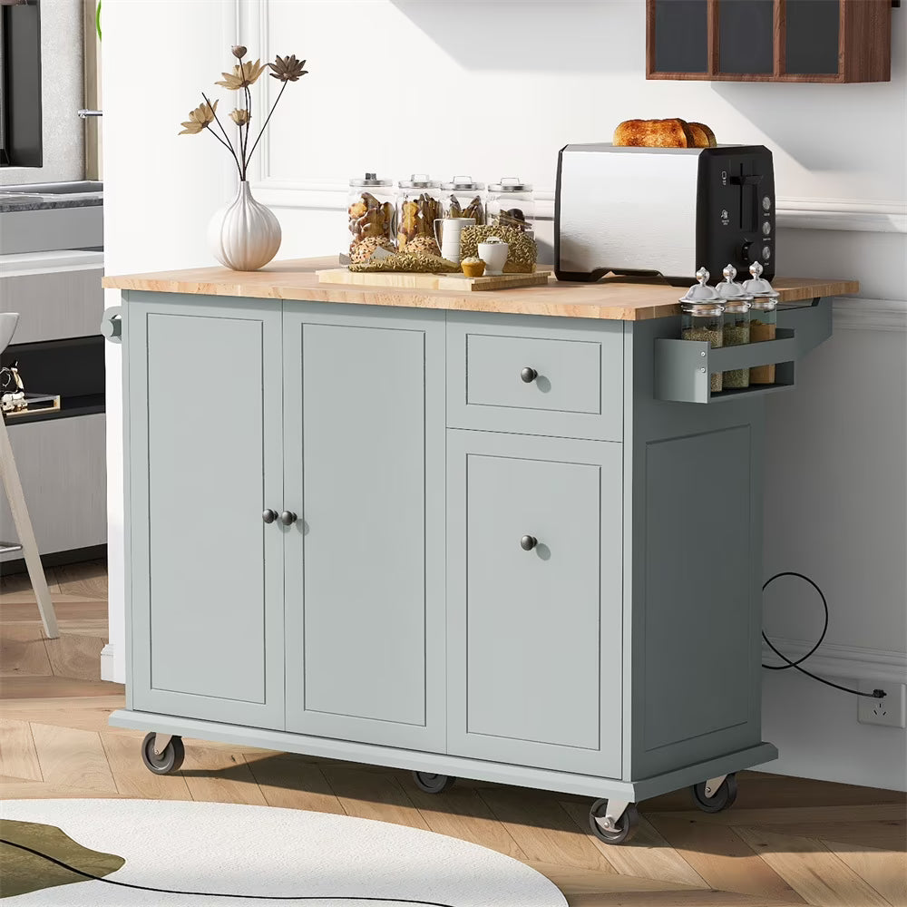 Kitchen Island Cart with Drop-Leaf Tabletop and Locking Wheels, 52.7" Large Kitchen Trolley Cart with 2 Door Cabinet and 3 Storage Drawers, Spice Rack Towel Rack, Rolling Kitchen Island Cart, White