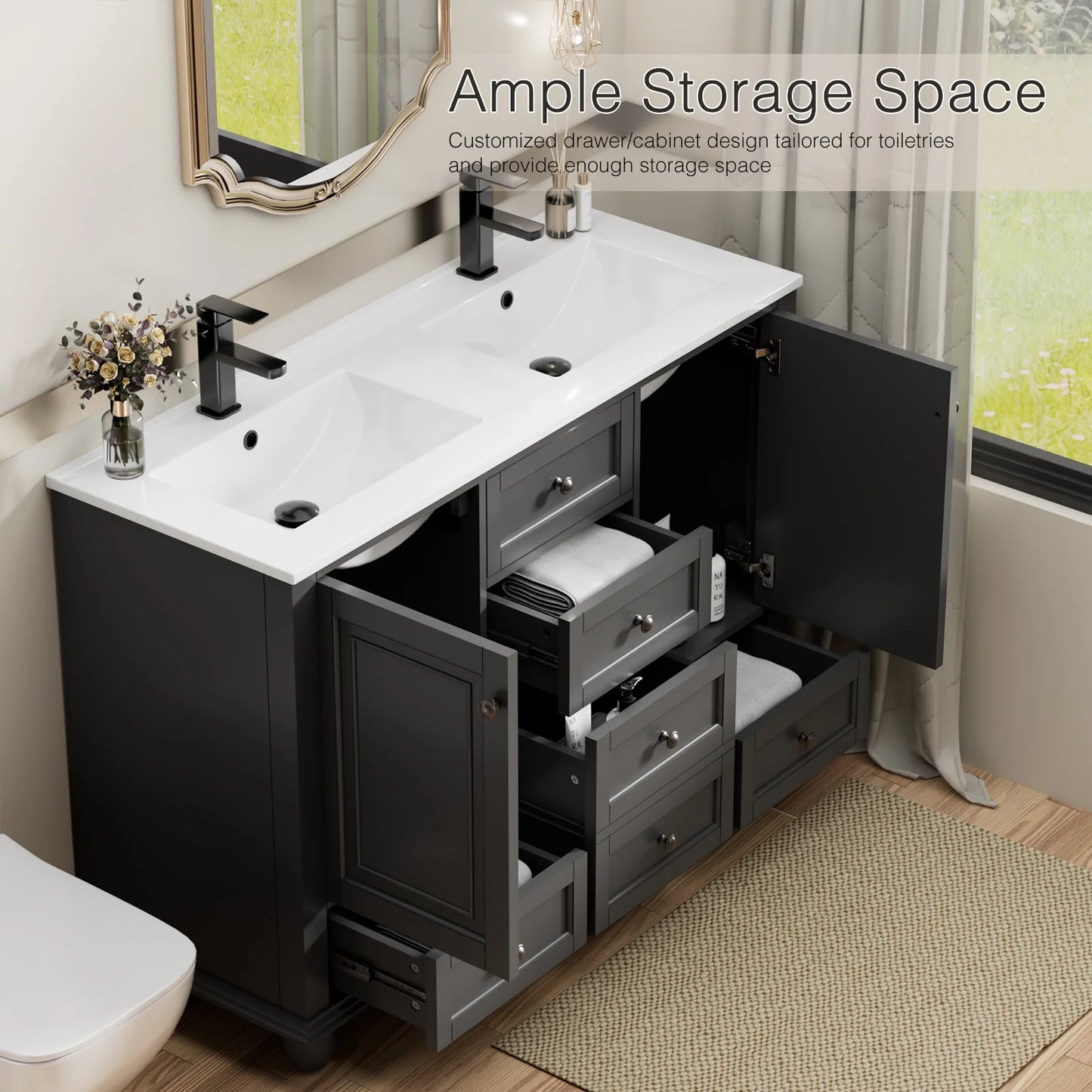 Eclife 48" Double Sink Bathroom Vanity with Top, Zinc Alloy Faucet, Painted Surface, Soft-Close Doors