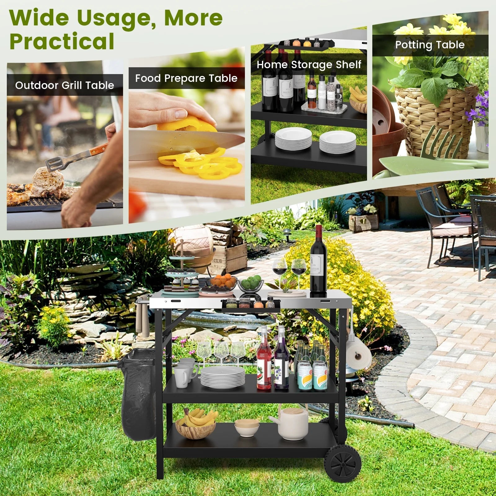 Topbuy Outdoor Food Prep Cart Table 3-tier Mobile Serving Trolley with Adjustable Shelf Phone Stand Spice Rack Towel Rack Garage Rack