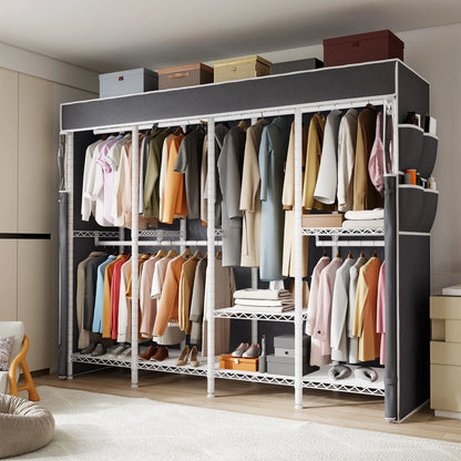 EnHomee 76"W Clothes Rack with Cover,1100LBS Heavy Duty Wardrobe Closet Organizer,Adjustable Portable ClosetBlack