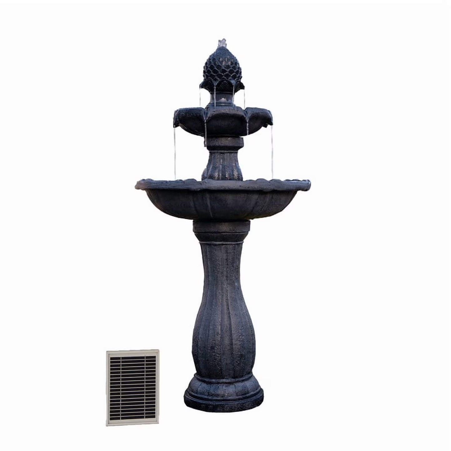 XBrand 44" H Black Fiberglass/Resin 2-Tier Solar Water Fountain w/Solar Panel and Auto-Shut Off Pump, Solar Garden Fountain, Tall Outdoor Fountain, Two Tiered Birdbath Fountain