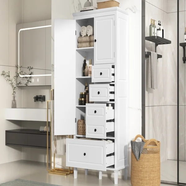 Tall White Storage Cabinet with 4 Drawers & Adjustable Shelves Multi-Functional Organizer for Bathroom, Office, Living Room Solid Pine & MDF (61.8" Height)
