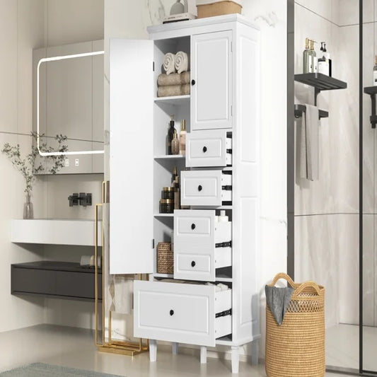 Tall White Storage Cabinet with 4 Drawers & Adjustable Shelves Multi-Functional Organizer for Bathroom, Office, Living Room Solid Pine & MDF (61.8" Height)