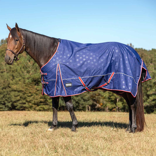 Jeffers Poplar Head Origin 600 Denier Turnout Blanket | 240 Gram Polyfill | Waterproof, Breathable, Horse Blanket for Cold Weather | Navy with Star Print, Adjustable Straps, Fits 72"