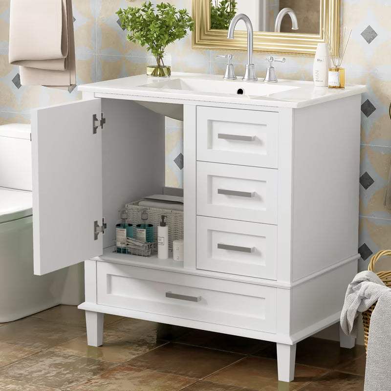 Bellemave 30" Bathroom Vanity with Sink, Cabinet with Sink Combo Set with Top, Bathroom Storage Cabinet with 3 Drawers and 1 Soft Closing Door, 30 Inch Vanity with Sink for Bathroom(White)