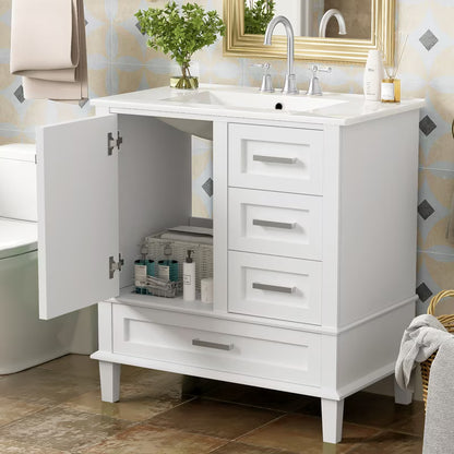 Bellemave 30" Bathroom Vanity with Sink, Cabinet with Sink Combo Set with Top, Bathroom Storage Cabinet with 3 Drawers and 1 Soft Closing Door, 30 Inch Vanity with Sink for Bathroom(White)