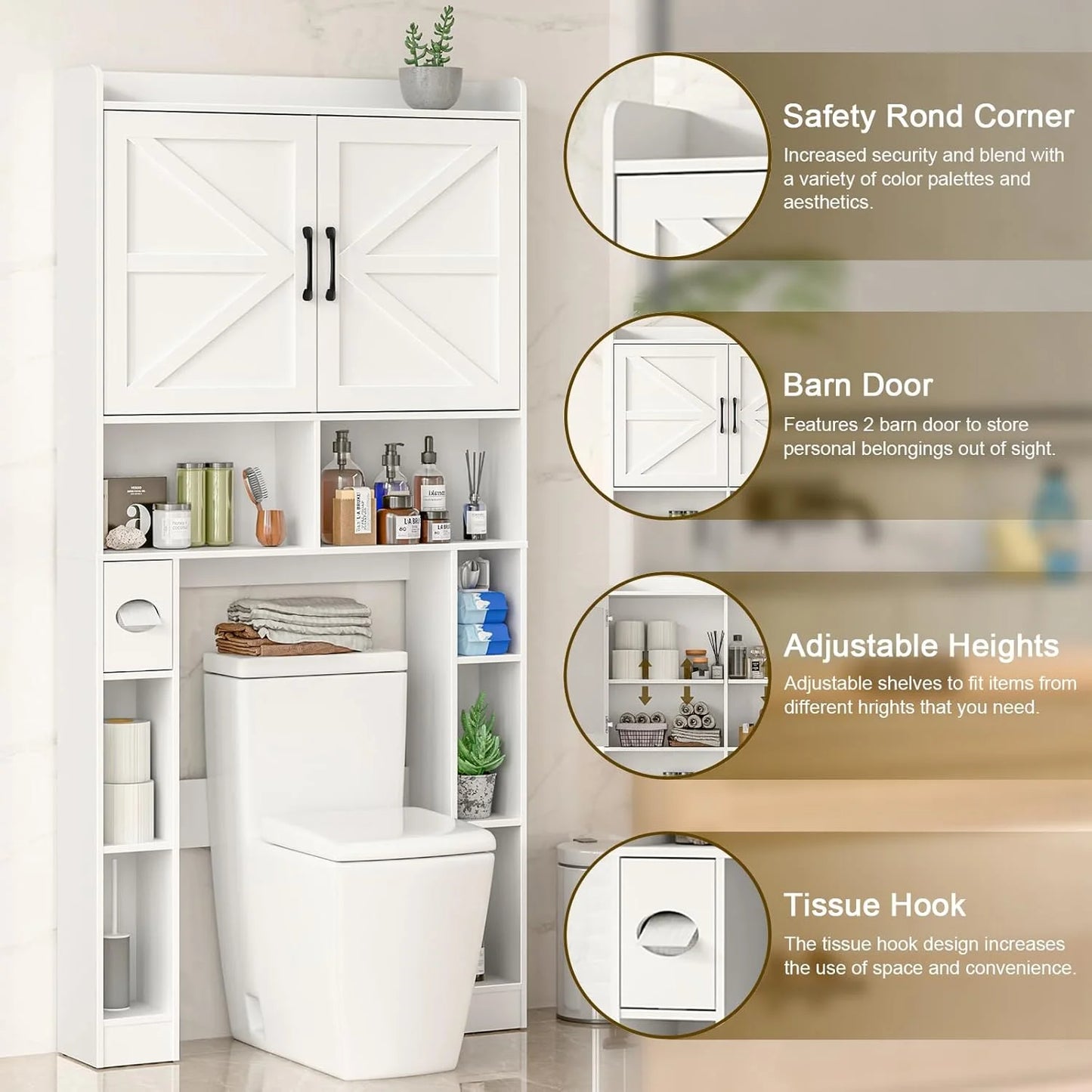 Vabches Over The Toilet Storage Cabinet with Toilet Paper Holder Stand, Above Toilet with Adjustable Shelf & 2 Doors