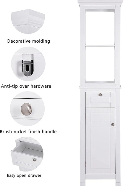 Spirich Home Bathroom Freestanding Storage Cabinet with Two Tier Open Shelves, Tall Slim Cabinet with Door and Drawer, Free Standing Linen Tower 15.75 ''(White with Drawer)