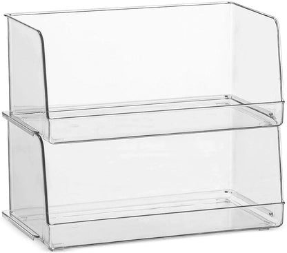 Set Of 4 Clear Pantry Organizer Bins Stackable Household Plastic Food Storage Basket with Wide Open Front for Kitchen, Countertops, Cabinets, Refrigerator, Freezer, Bedrooms, Bathrooms - 12" Wide