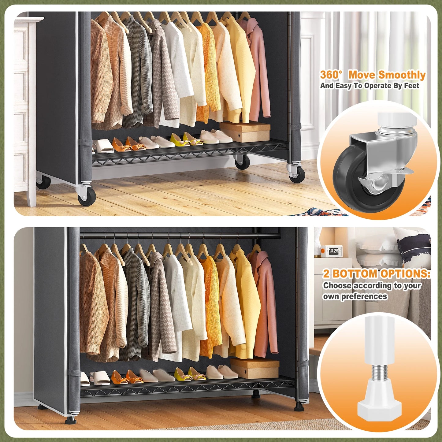EnHomee Rolling Closet Rack with Dustproof Cover,450LBS Load Capacity Adjustable 81"H Portable Wardrobe with Side Pockets,Black