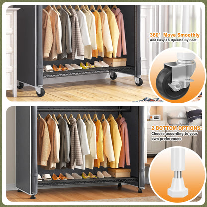 EnHomee Rolling Closet Rack with Dustproof Cover,450LBS Load Capacity Adjustable 81"H Portable Wardrobe with Side Pockets,Black