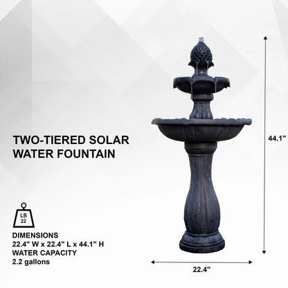 XBrand 44" H Black Fiberglass/Resin 2-Tier Solar Water Fountain w/Solar Panel and Auto-Shut Off Pump, Solar Garden Fountain, Tall Outdoor Fountain, Two Tiered Birdbath Fountain