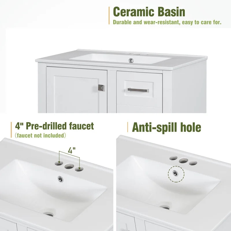 Bellemave 30" Bathroom Vanity with Sink, Cabinet with Sink Combo Set with Top, Bathroom Storage Cabinet with 3 Drawers and 1 Soft Closing Door, 30 Inch Vanity with Sink for Bathroom(White)
