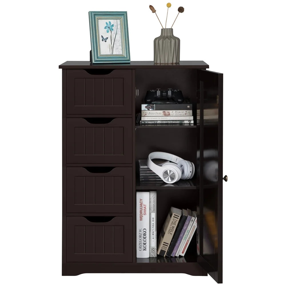 Alden Design Wooden Bathroom Storage Cabinet with 4 Drawers & Cupboard, Espresso