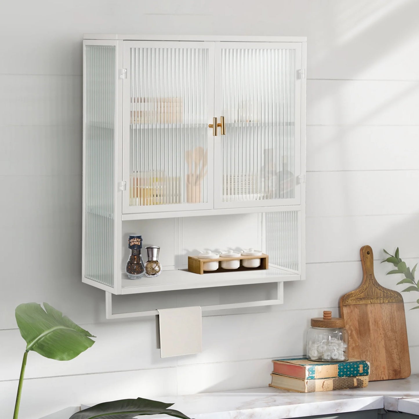 Two-door Wall Cabinet, Modern Kitchen Wall Mounted Cabinet with 2 Glass Doors, Two-tier Enclosed Storage, an Open Shelf, Towel Rack, Metal Wall Cabinet for Entryway, Living Room, Bathroom, White