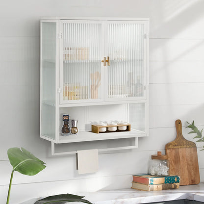 Two-door Wall Cabinet, Modern Kitchen Wall Mounted Cabinet with 2 Glass Doors, Two-tier Enclosed Storage, an Open Shelf, Towel Rack, Metal Wall Cabinet for Entryway, Living Room, Bathroom, White