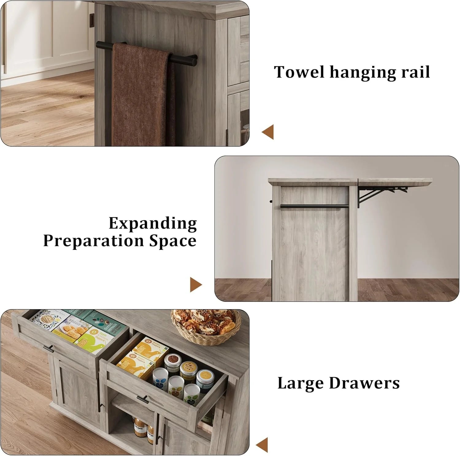 WALYWIK Foldable Kitchen Island Cart with Wheels, 2 Glass Doors, Spice Rack & Towel Holder - Compact Mobile Storage Cart for Small Kitchens, Dining Rooms, Camping & RVs - Grey