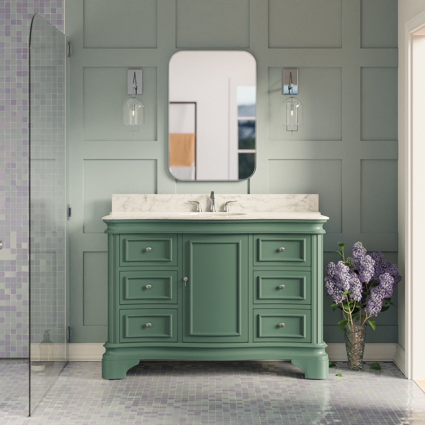 Katherine 48" Bathroom Vanity with Royal Blue Cabinet and Carrara Marble Top