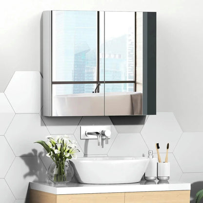 Spaco Bathroom Mirrored Cabinet with Double Doors, 24"x22" Steel Frame Medicine Cabinet, Wall-Mounted Storage Organizer, White