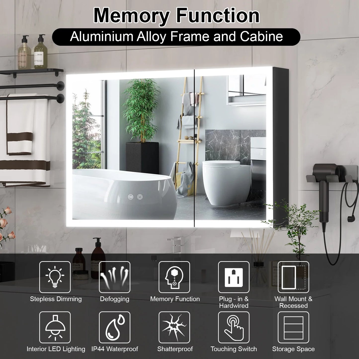 JBLCC LED Lighted Medicine Cabinet with Mirror, Wall Mounted Bathroom Cabinet with Touch Sensor, Anti-Fog, Black