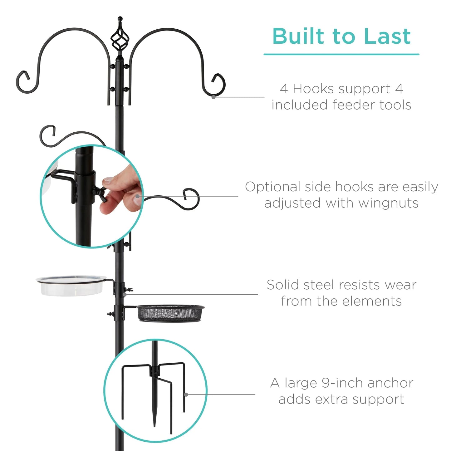 Best Choice Products 91in 4-Hook Bird Feeding Station, Steel Multi-Feeder Stand w/2 Feeders, Tray, Bird Bath - Black