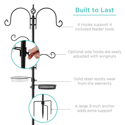 Best Choice Products 91in 4-Hook Bird Feeding Station, Steel Multi-Feeder Stand w/2 Feeders, Tray, Bird Bath - Black