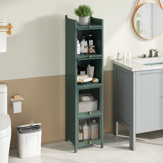 Hassch 4-Tier Display Case Storage Cabinet with Flip-Up Glass Doors, 60.62"H Iron Kitchen Pantry Cabinet Showcase Organizer Bookcase for Entryway Bedroom Bathroom Living Room, Dark Green