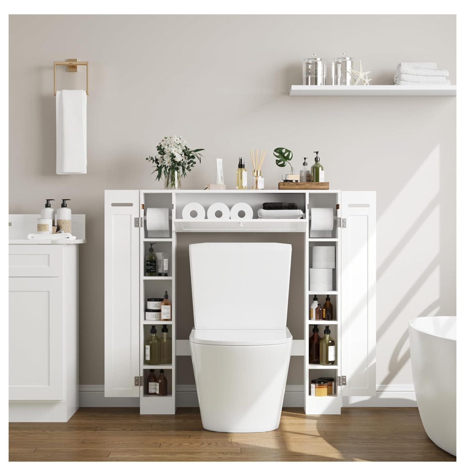 Over The Toilet Storage Cabinet, Bathroom Space Saver with Paper Holder and Adjustable Shelves, Freestanding Toilet Cabinet Organizer with 2 Side Doors and Pull-Down Door, White