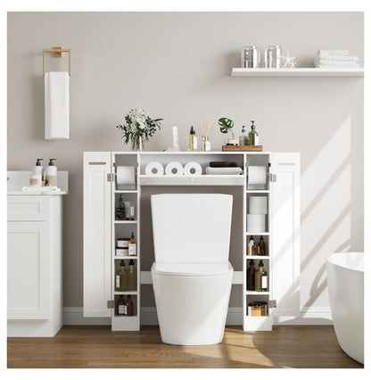 Over The Toilet Storage Cabinet, Bathroom Space Saver with Paper Holder and Adjustable Shelves, Freestanding Toilet Cabinet Organizer with 2 Side Doors and Pull-Down Door, White