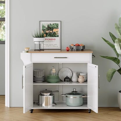Pingliang Home Rolling Kitchen Storage Carts with Towel Rack and Drawers, Kitchen Island with Wheel,Rubberwood,White, 35"
