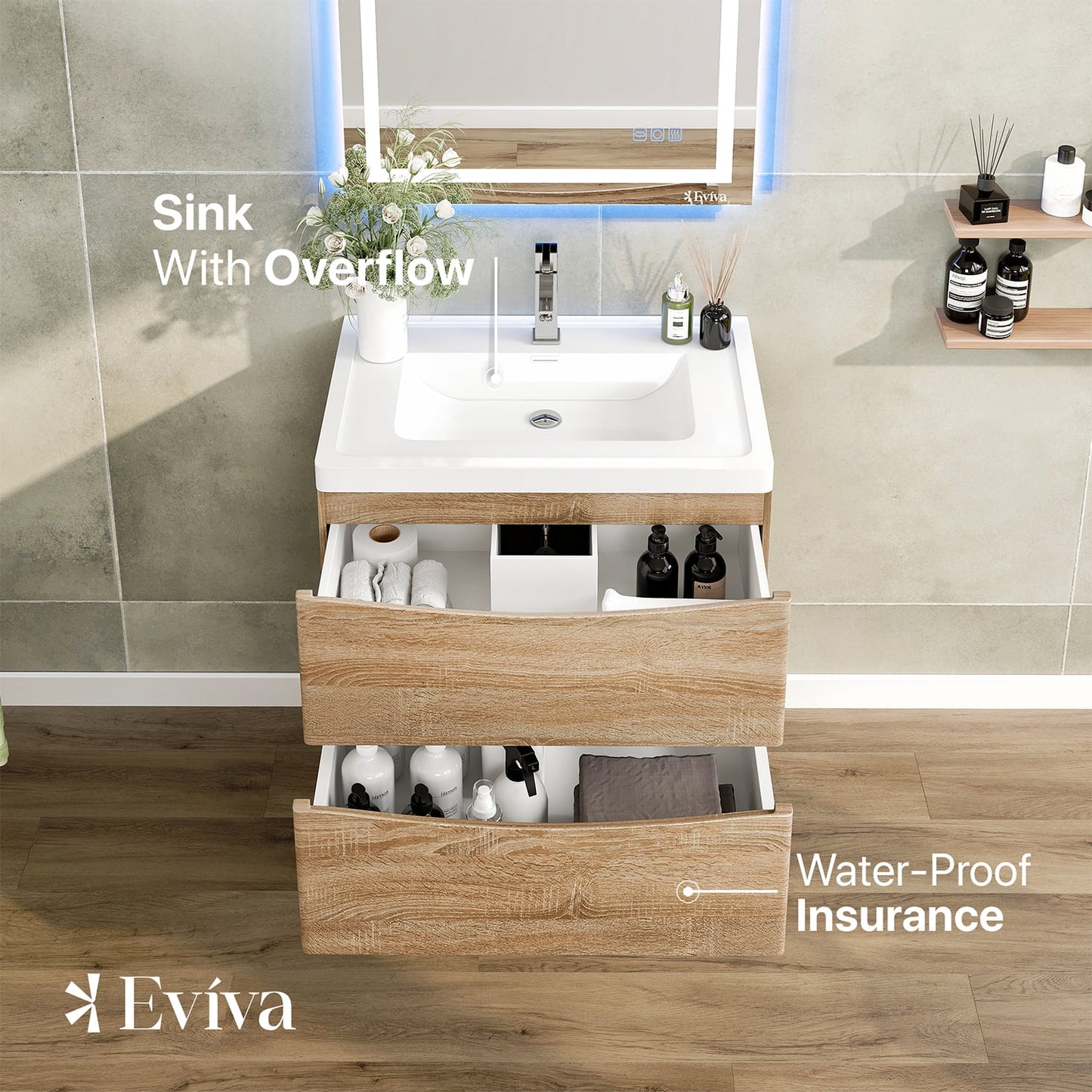 Eviva Smile 30" White Oak Wall Mount Modern Bathroom Vanity w/White Integrated Top