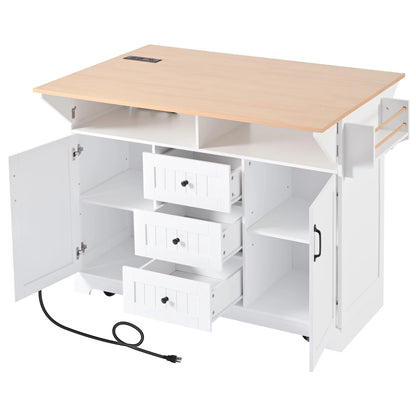 Yoneston 55.7" Kitchen Island with Drop Leaf and Power Outlet, Rolling Kitchen Cart with Spice Towel Rack, Folding Storage Dining Table with 3 Drawers 2 Doors for Kitchen Dining Room, White