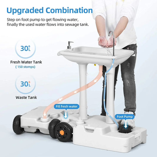 Portable Sink Camping 30 L with Rolling Wheels, Hand Washing Station with 30 L Sewage Tank, Rolling Wheels, Soap Dispenser, Towel Holder, Ideal for Outdoor, White