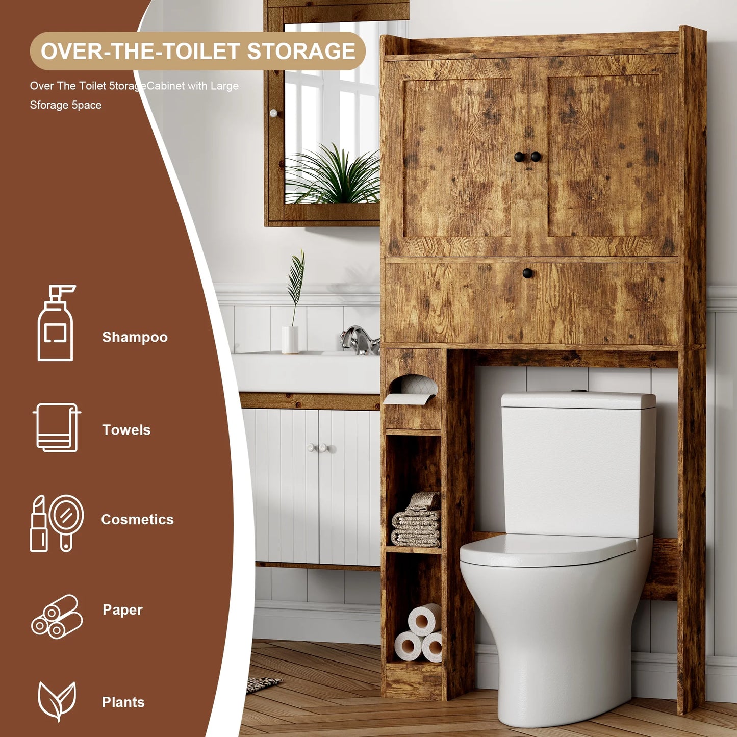 Over The Toilet Storage Cabinet,Bathroom Storage Cabinet with Wooden Doors,Bathroom Organizer Over-The-Toilet Cabinet(Distressed Brown)
