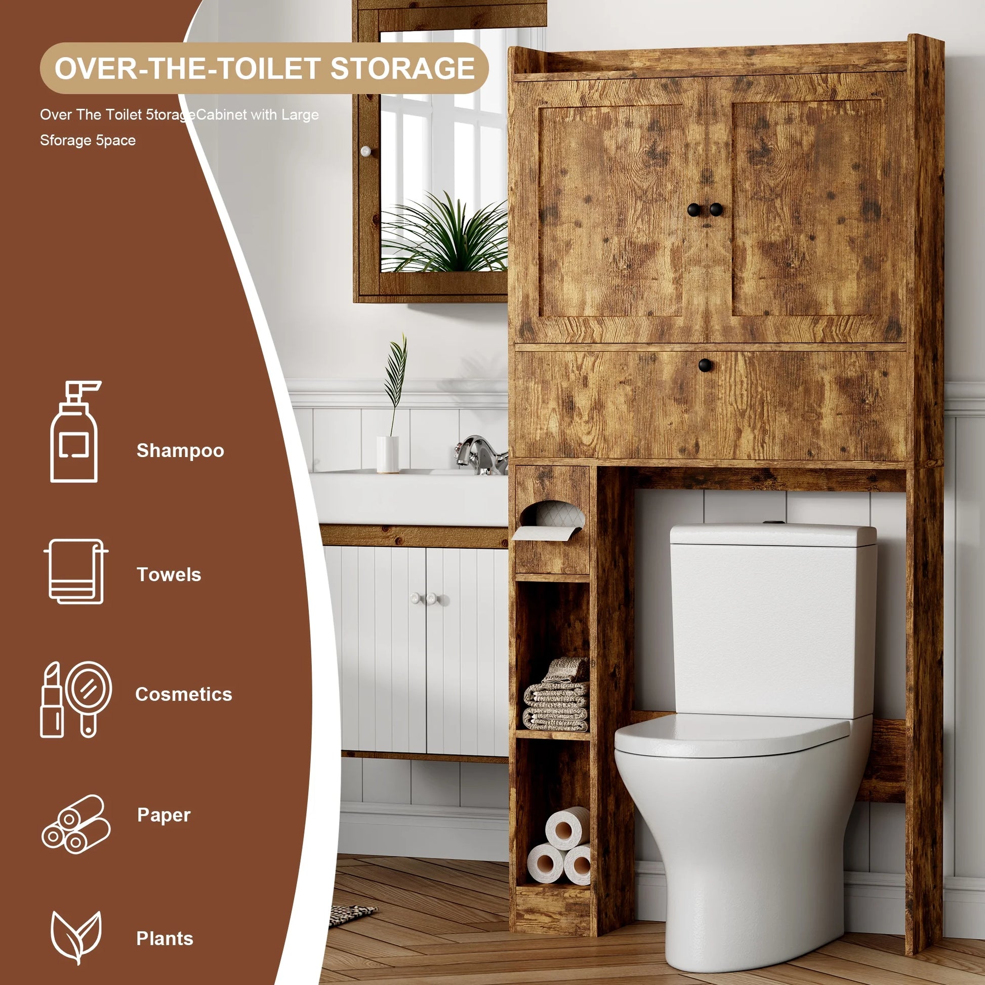 Over The Toilet Storage Cabinet,Bathroom Storage Cabinet with Wooden Doors,Bathroom Organizer Over-The-Toilet Cabinet(Distressed Brown)