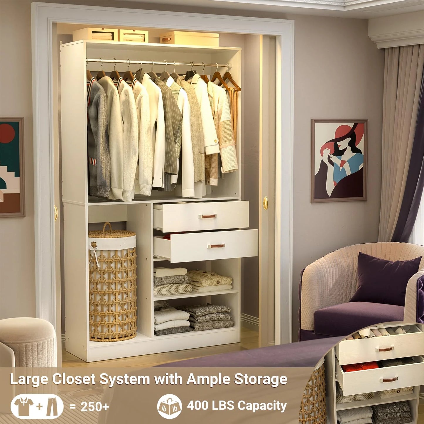 Homieasy Freestanding Closet System with Suitcase Storage, 40 Inches Stand-alone Wardrobe with 2 Wood Drawers, 80'' Height Adjustable Cloth Garment Rack, Walk-in Closet with Hanging Rod, White