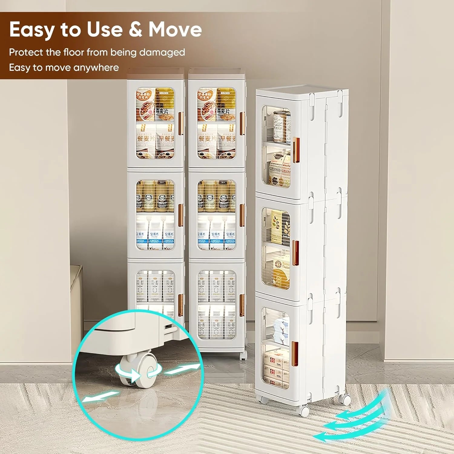Slim Kitchen Pantry Storage Cabinet with Doors and Shelves, 3-Tiers Plastic Narrow Storage Organizer Collapsible for Small Spaces, Bathroom, Living Room, Bedroom, White