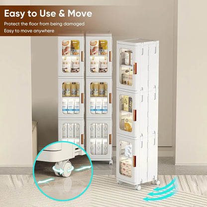 Slim Kitchen Pantry Storage Cabinet with Doors and Shelves, 3-Tiers Plastic Narrow Storage Organizer Collapsible for Small Spaces, Bathroom, Living Room, Bedroom, White