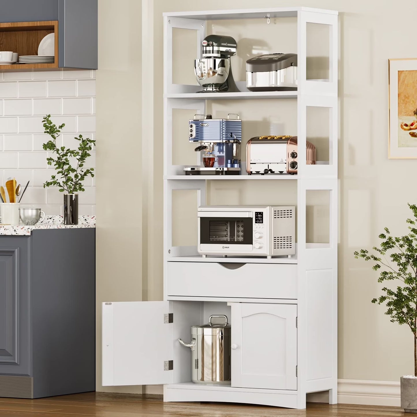 Sideboard Storage Cabinet with Drawer& Shelves, Kitchen Pantry Storage Cabinet with Microwave Space& Cupboard, Modern Freestanding Floor Bathroom Cabinet/Bookshelf for Home Office, White